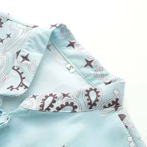Detailed close-up showing the paisley pattern and collar of a light blue summer shirt