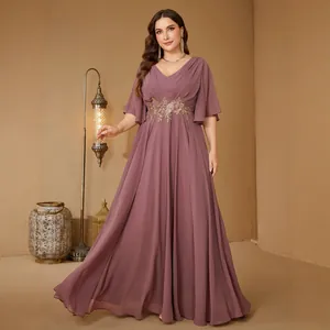 Elegant plus size V-neck evening gown with ruffle sleeves and floral embroidery