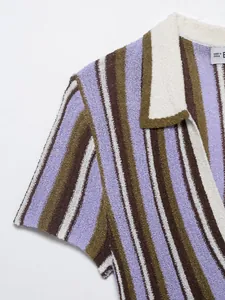 Detailed close-up of textured multi-color vertical striped knit fabric with lapel.