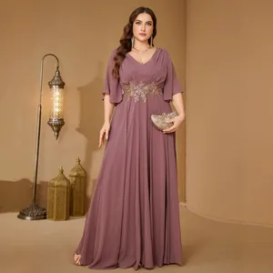 Elegant mauve plus size V-neck evening dress with ruffle sleeves and gold embroidery.