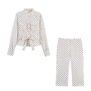 Women's Fashion Polka Dot Print Jacket And Capri Pants Matching Set Long Sleeve Belted Top And Elastic Bottoms Casual Suit