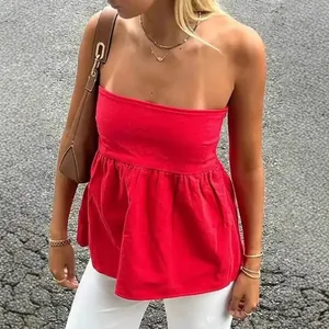 Women Casual Peplum Hem Tube Top Strapless Smocked Bandeau Top Solid Color Polyester Summer Streetwear Sleeveless Top