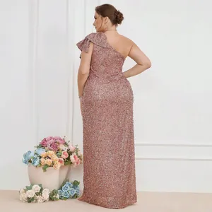 Elegante abito lungo di paillettes oro rosa monospalla per feste serali formali