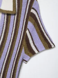 Detail of striped knit dress with purple and brown textured bouclé fabric