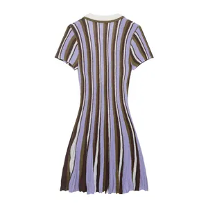 Detail of a short-sleeved knit dress featuring purple and brown vertical stripes.