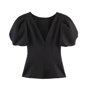 Elegante schwarze Puffärmel-Bluse für Damen mit tiefem V-Ausschnitt und Reißverschluss