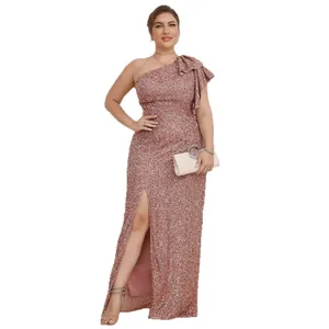 Elegante abito da sera rosa con paillettes, monospalla, con spacco alto per feste