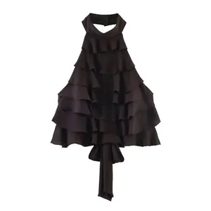 Elegantes schokoladenbraunes Neckholder-Top mit mehrlagigem Rüschendesign für Damen