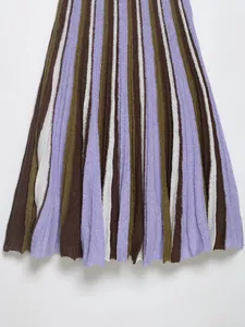 Close-up of vertical striped knit fabric on a multi-colored dress detail showing texture