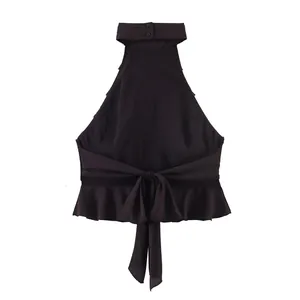 Eleganter dunkelbrauner Neckholder-Top mit Schleifendetail und modischem Rüschensaum für Damen