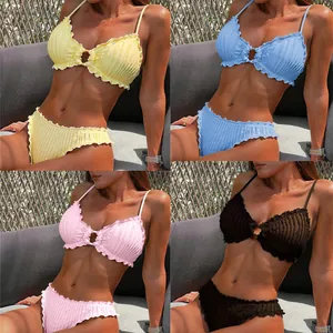 Detailed multi-color view of women's ruffled bikini sets in yellow blue pink and black.