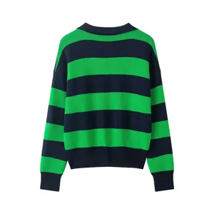 Back view of a women's green and navy striped knit sweater with polo collar and ribbed cuffs.