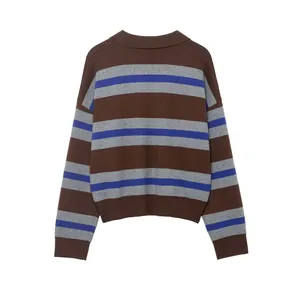 Detailed back view of a multi-color striped long sleeve knit sweater for women.