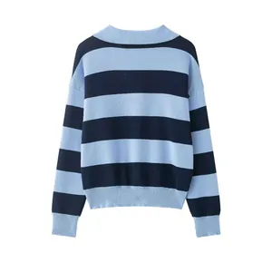 Detailed back view of a classic blue and navy blue horizontal striped knit sweater