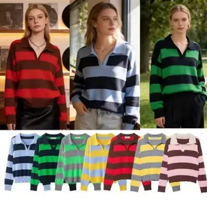Women Casual Striped Knitted Sweater Loose Fit Long Sleeve Polo V Neck Pullover Top Autumn Simple Versatile Knitwear