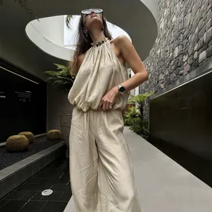 Top a Bolla Allacciato al Collo Con Perline da Donna e Pantaloni a Lanterna Pieghettati Stile Boho in Poliestere Top o Fondo Senza Maniche