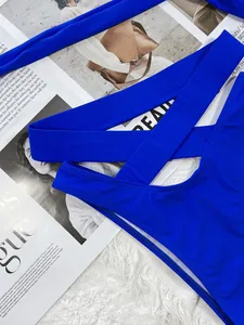 Detailed view of royal blue strappy high waist bikini swimwear on fashion magazine