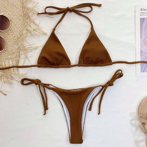 Detailed macro view showing the ribbed texture of this solid brown triangle bikini set.