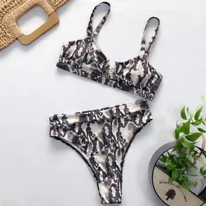 Zweiteiliger Bikini-Set mit hoher Taille und modischem Schlangenmuster-Print für Damen