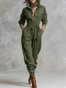 Women Casual Lapel Single-Breasted Waist Tie Jumpsuit Solid Color Shirt Sleeve Straight Leg Commuter Polyester Jumpsuit Jumpsuit Fashion Women Clothing