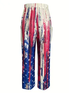 Pantalones de pernera ancha de cintura alta con estampado 3D de la bandera de EE. UU.
