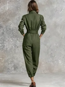 Back view of chic olive green jumpsuit with a waist-defining belt for women