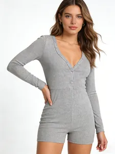 Tuta in maglia grigia sexy con scollo a V profondo per donna a maniche lunghe slim fit
