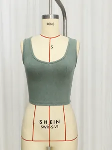 Avocado green V-neck ribbed crop top for women summer sleeveless tank top