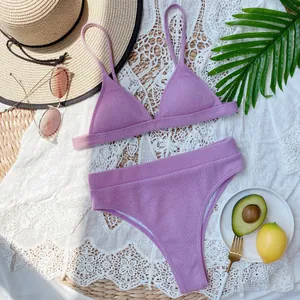 Bikini de dos piezas morado con talle alto y top de triángulo para playa y vacaciones.
