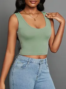 Detailed view of an avocado green V-neck ribbed tank top for summer wear