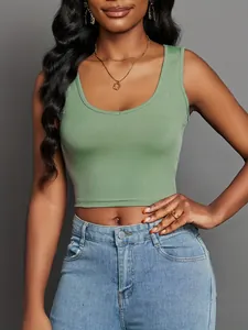 Detailed view showing the ribbed fabric texture of a green V-neck crop tank top