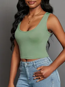 Women Avocado Green V Neck Ribbed Knit Cami Top Slim Fit Cropped Summer Sleeveless Vest Casual Basic Ribbed Undershirt Top