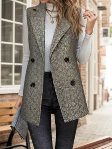 Damen Elegant Fischgrätenmuster Weste Blazer Slim Fit Revers Ärmellos Lange Jacke Top Khaki Bürokleidung Oberbekleidung