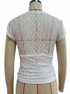 Back view detail of a Y2K white floral lace short sleeve sheer mesh top on a mannequin