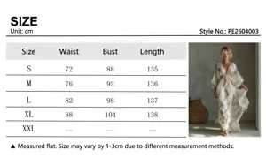 Detailed size chart for Bohemian feather print maxi dress with deep V-neck details