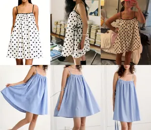 Stylish summer polka dot and light blue striped A-line slip dresses displayed in multiple views