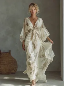 Women Bohemian Feather Print Maxi Dress Deep V-Neck Batwing Sleeve Tie Waist Off-White Vacation Polyester Long Dress