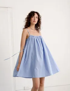 Blue and white striped spaghetti strap A-line summer mini dress for women