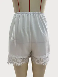 Detail view showing the back fit and lace hem of white loungewear shorts on a mannequin