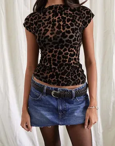 Modisches, transparentes Mesh-T-Shirt mit Leopardenmuster für Damen im schmalen Cropped-Design