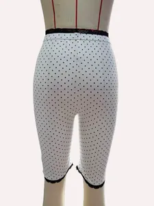 Rückansicht weißer gepunkteter Capri-Leggings mit zartem schwarzem Spitzenbesatz