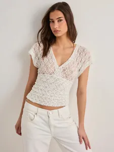Sexy Y2K white floral lace sheer V-neck short sleeve top for women summer fashion