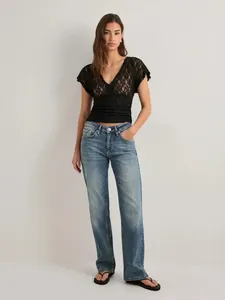 Sexy black floral lace short sleeve top for women with a transparent Y2K mesh design