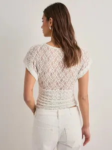 Elegant white floral lace short-sleeve mesh top for women, Y2K style see-through shirt