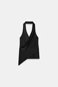 Top a fascia nero sexy con scollo a V, drappeggio incrociato e orlo asimmetrico moderno