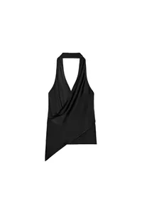 Elegante top nero all'americana con scollo a V, design incrociato e orlo asimmetrico.