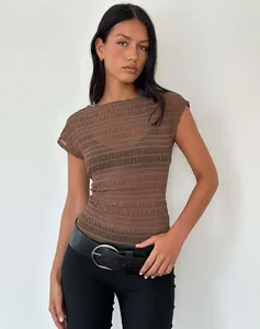 Sexy, durchsichtige braune strukturierte Kurzarm-T-Shirt für Damen, schmale Passform