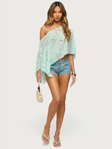 Châle Poncho Femme Sexy d'une Pièce Brodée de Paillettes Florales en Polyester Style Vacances Top Asymétrique en Mesh