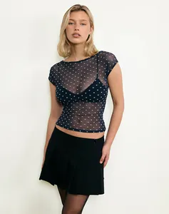 Stilvolles, transparentes Mesh-Crop-Top mit Herzprint, Rundhalsausschnitt Damen
