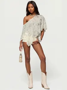 Châle élégant à sequins transparent une épaule pour femme style vacances été